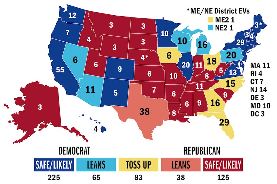 This map from Sabato’s Crystal Ball shows states that are projected to go for each party, as well as swing states, and the number of Electoral College votes per state. (Image courtesy UVA’s Miller Center)